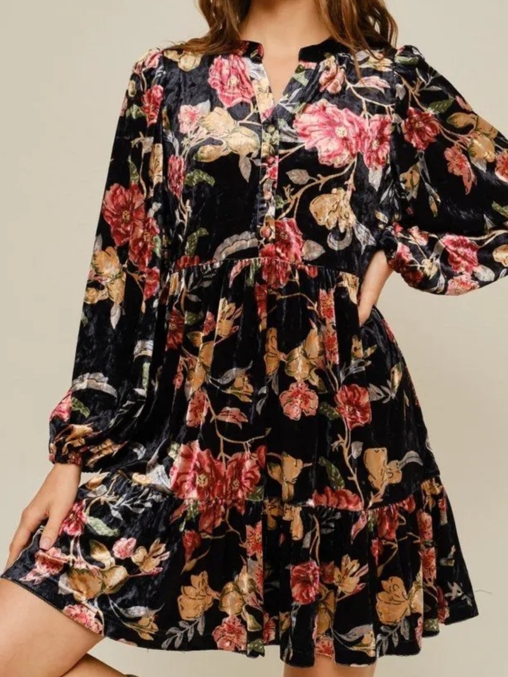 Jodifl Floral Crushed Velvet Button-Front Dress with Tie Waist